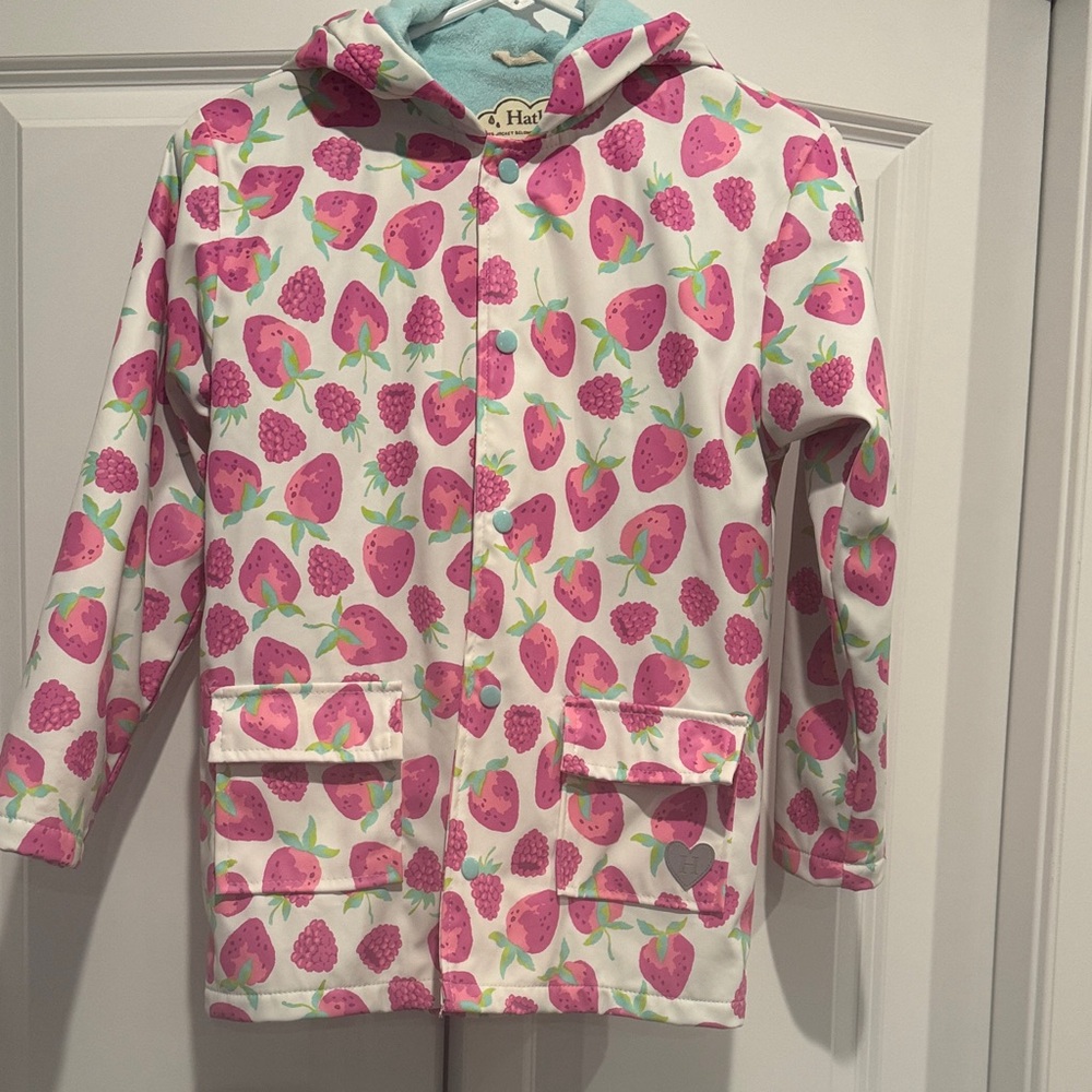 Girls' Pink Strawberry Print Rain Jacket with Hood